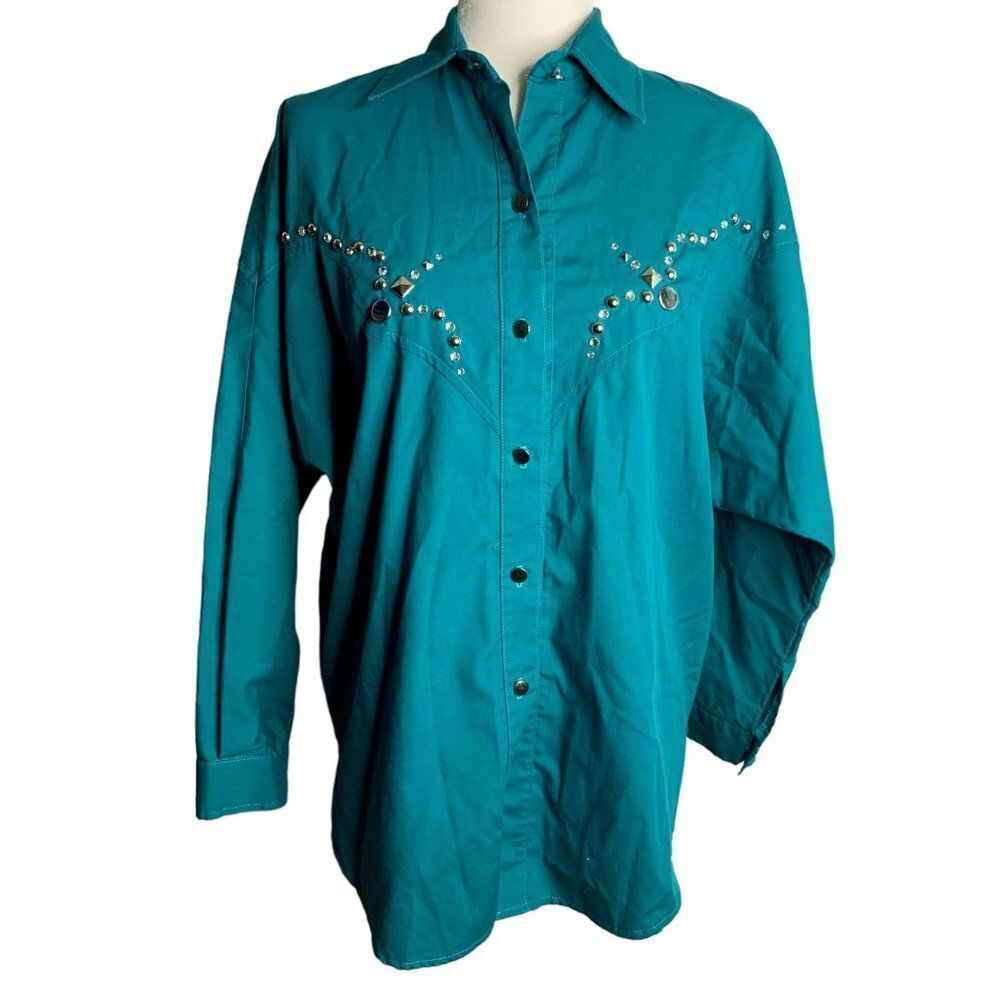 Vintage 80s H Bar C Embellished Western Shirt M Green Long Sleeve Rhinestone - Picture 2 of 6